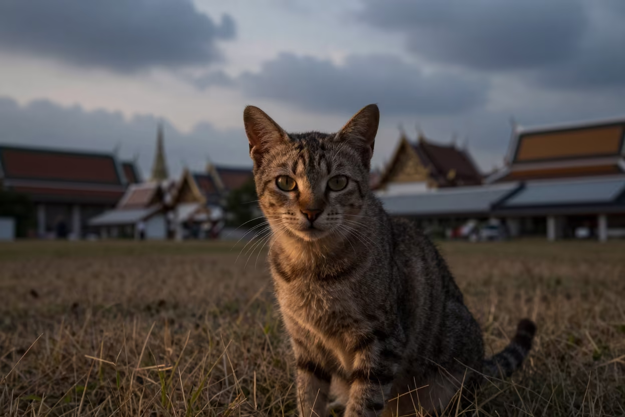 Predawn Thai Cat Portrait in Talat Noi Yard in in a small yard with clipped grass, calm light, and the animal centered in frame near Talat Noi, Bangkok
