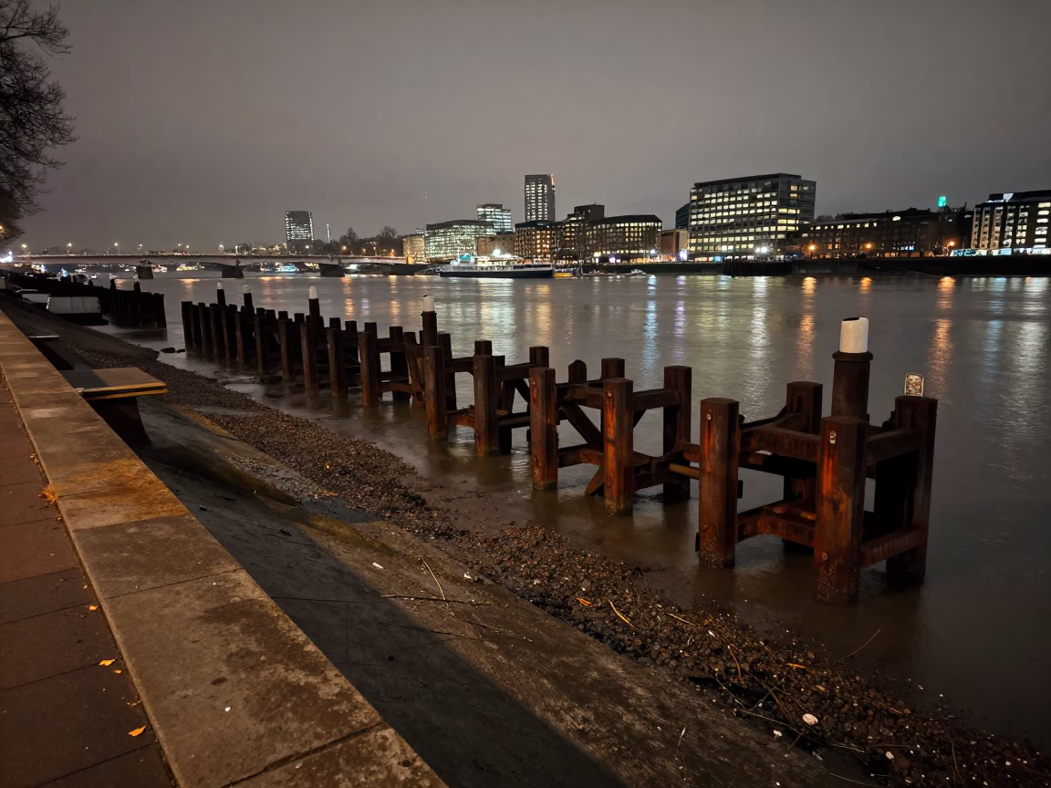 Predawn Thames Embankment with Ferry Piling and Urban Concrete in London in in London, United Kingdom