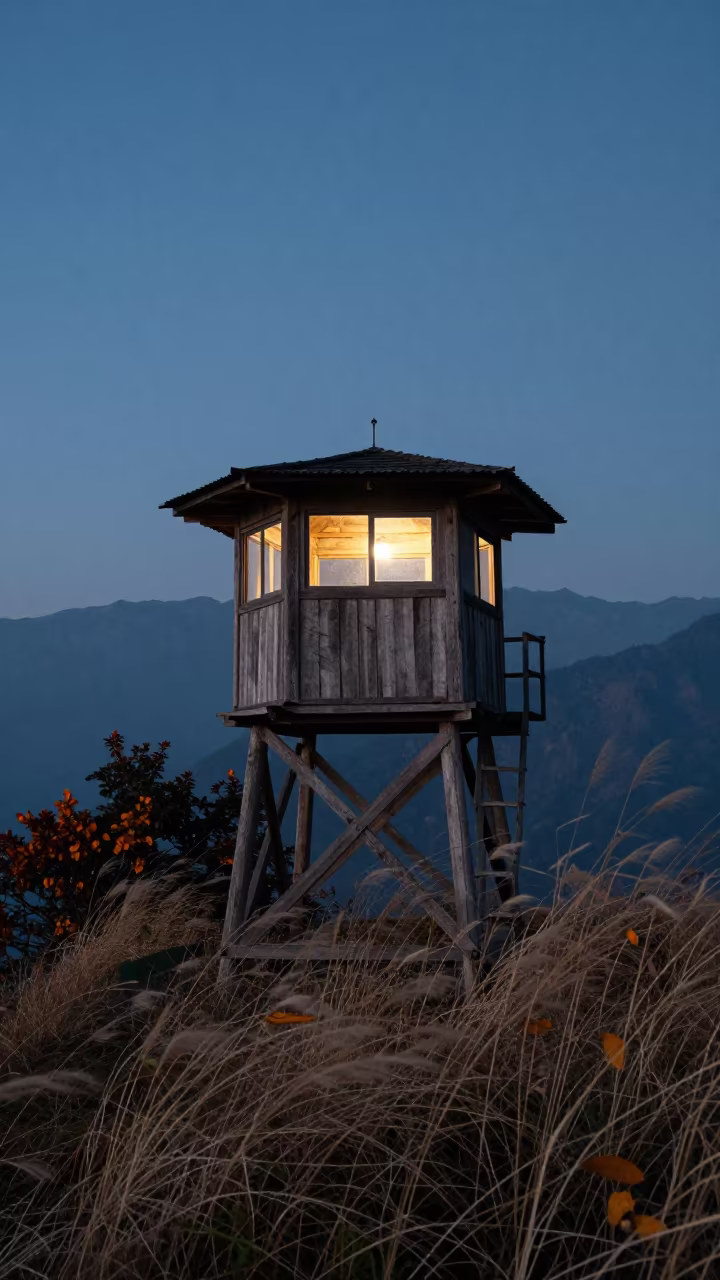 Predawn Timber Watchtower Ridge Uttarakhand in in Uttarakhand