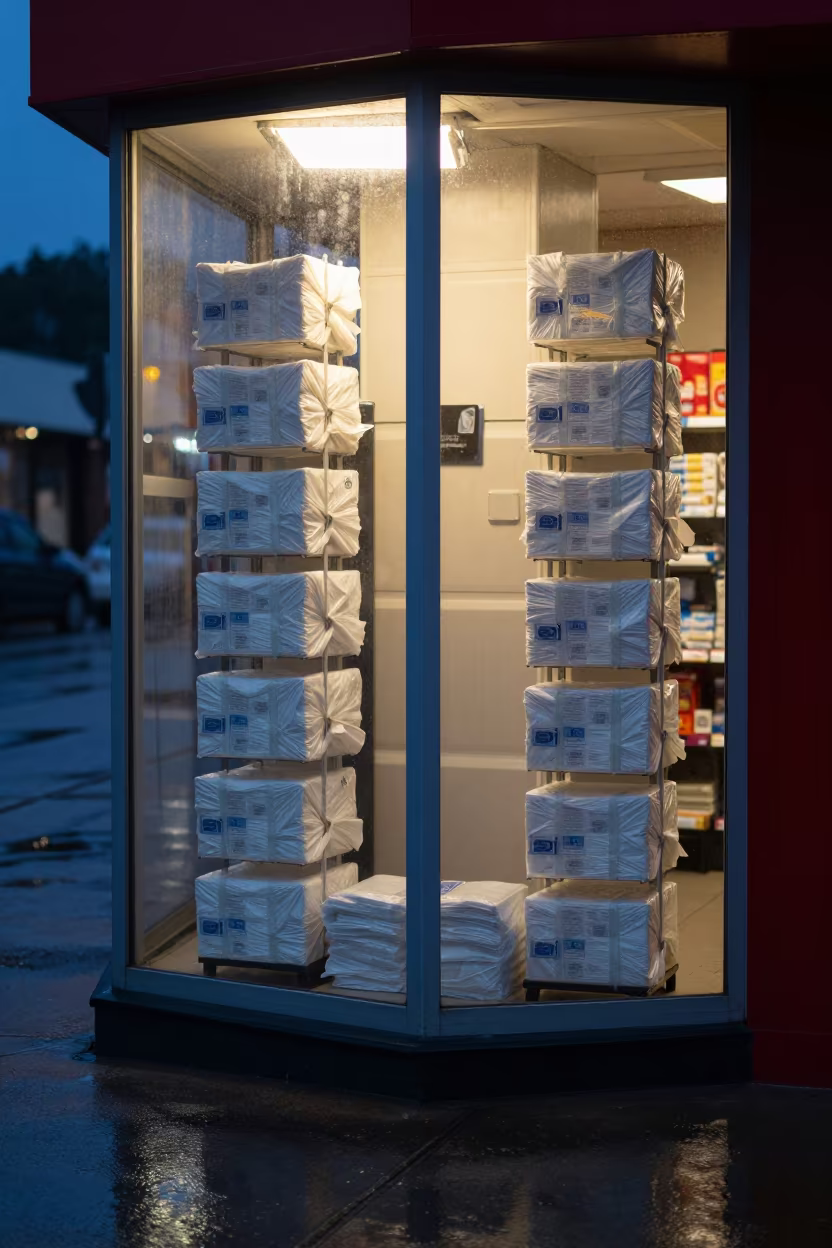 Predawn Tissue Rack Aden Storefront Reflection in along a front-of-store display run near Aden