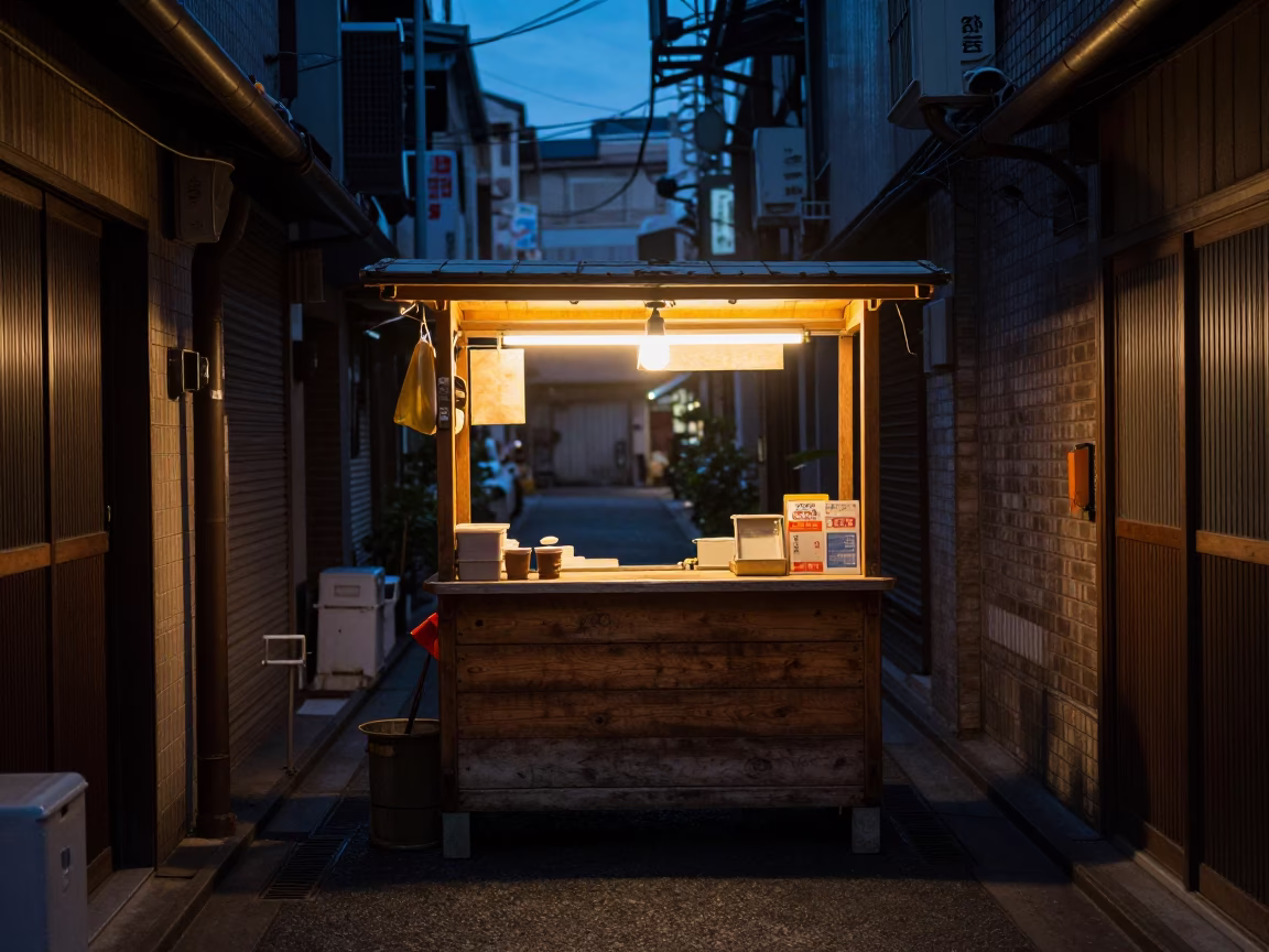 Predawn Tokyo Alleyway Street Food Vendor with Wooden Boat and Steam in in Tokyo, Japan