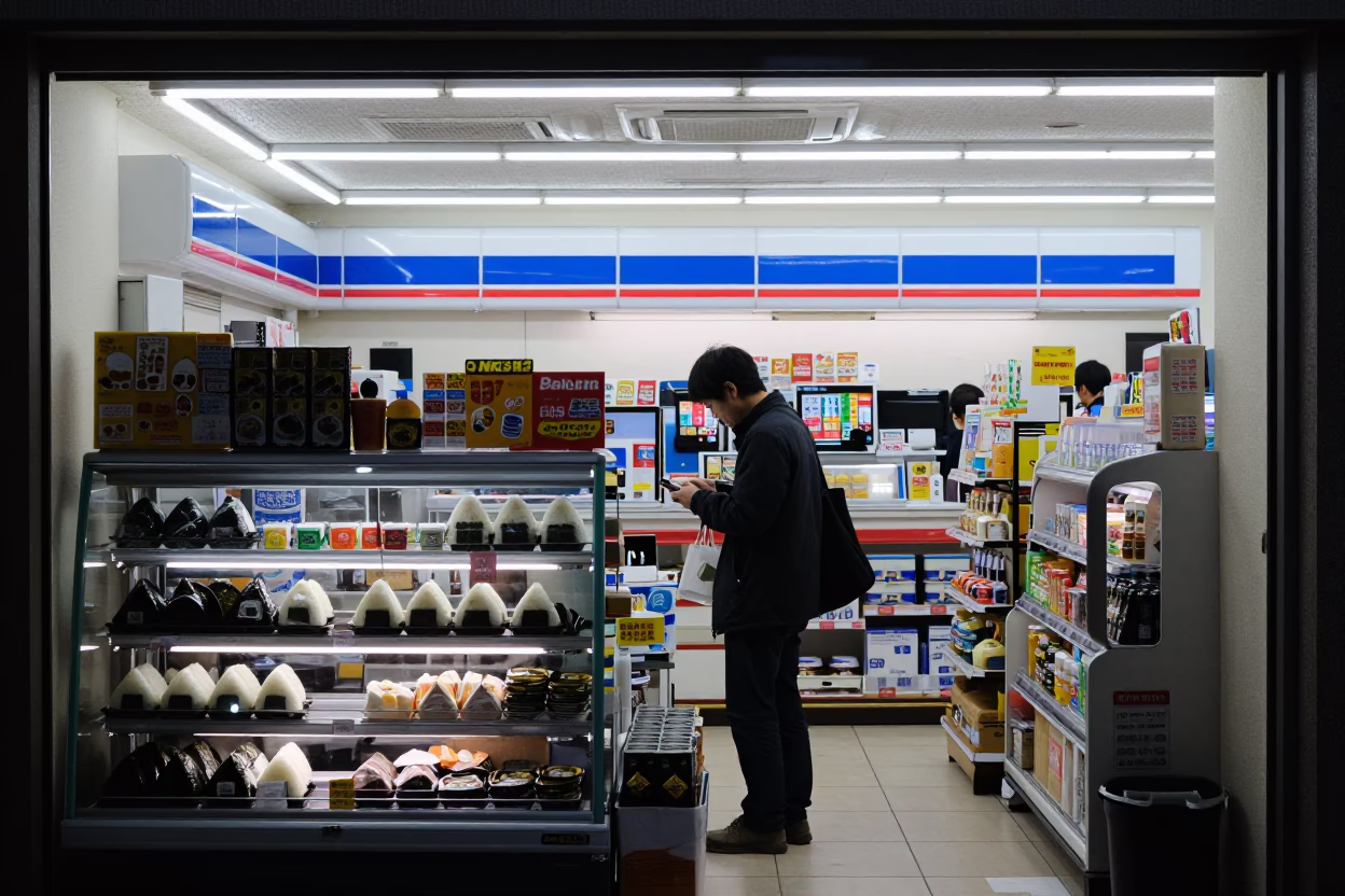 Predawn Tokyo Convenience Store Interior with Neon Signage and Customer in in Tokyo, Japan