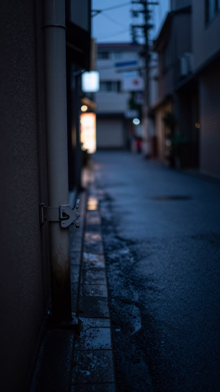Predawn Tokyo Street Corner with Condensation on Metal Latch and Dim Street Lighting in in Tokyo, Japan