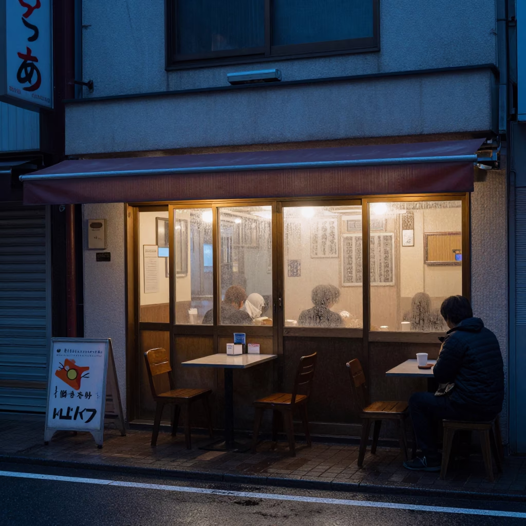 Predawn Tokyo Street Scene with Condensation on Tabletop and Brushed Steel Chair in in Tokyo, Japan
