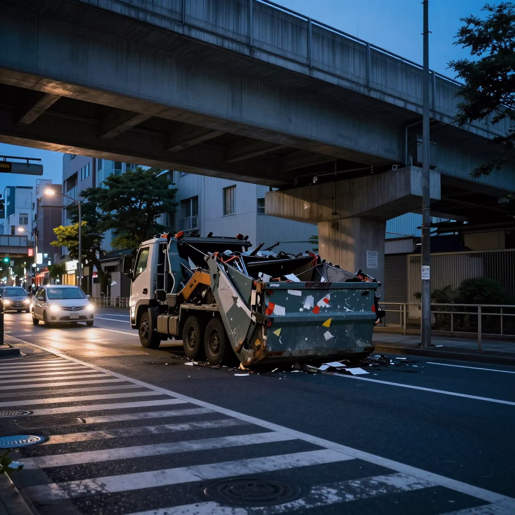 Predawn Tokyo street scene with demolition dumpster beneath gutted storefront facade in in Tokyo, Japan
