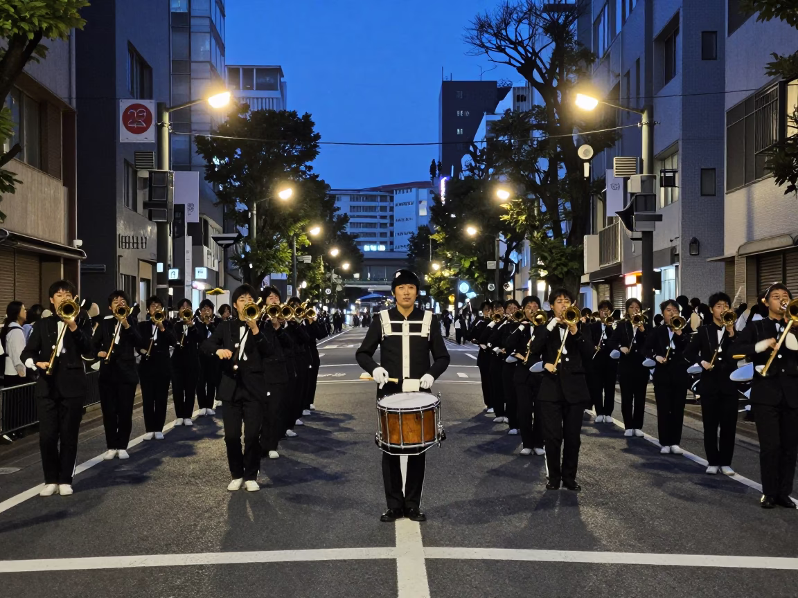 Predawn Tokyo Street Scene with Drum Major and Marching Band Practice in in Tokyo, Japan