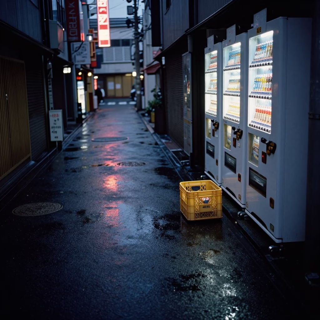 Predawn Tokyo Street Scene with Neon Reflections and Urban Details in in Tokyo, Japan