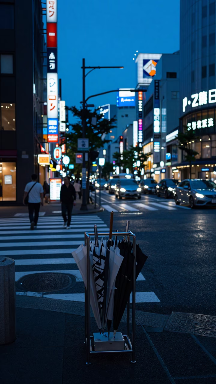 Predawn Tokyo Street Scene with Umbrella Stand and City Lights in in Tokyo, Japan