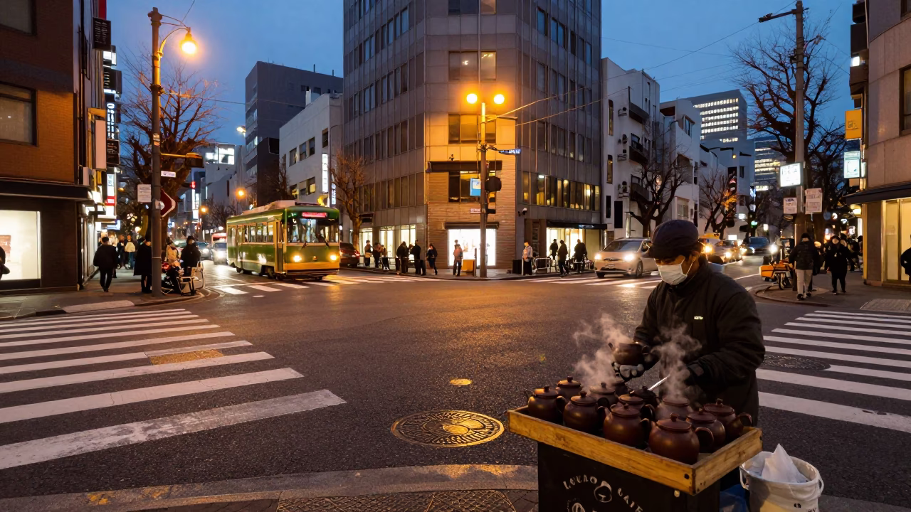 Predawn Tokyo Street Scene with Vendor and Tram Reflections in Rain in in Tokyo, Japan