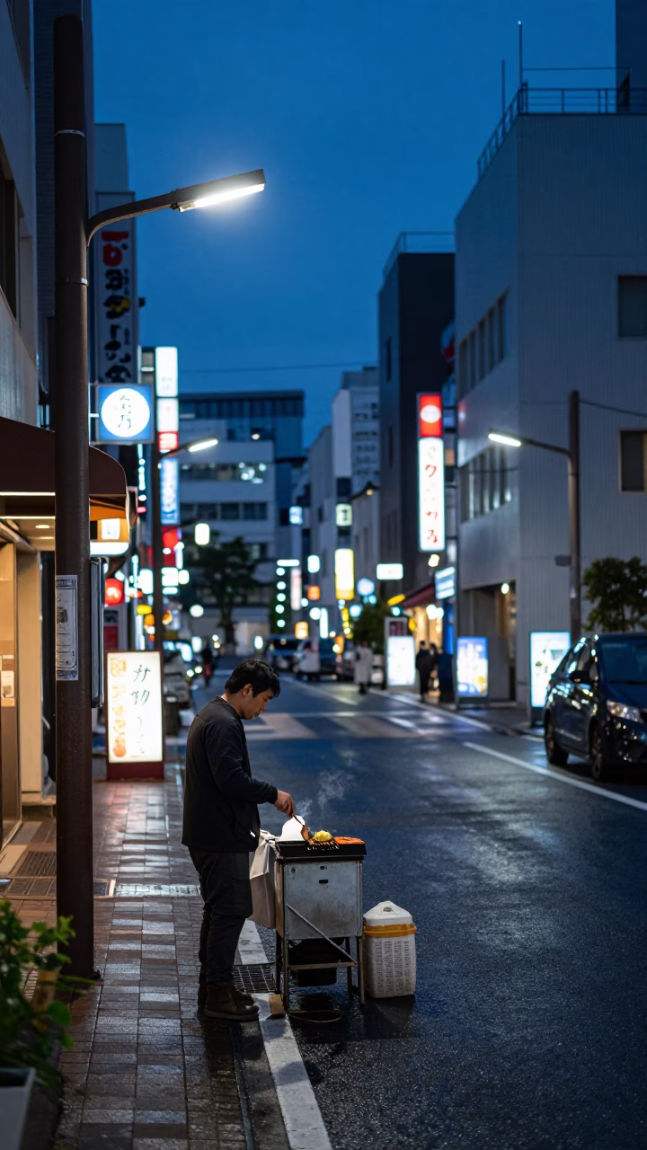 Predawn Tokyo Street Scene with Vendor and Urban Details in in Tokyo, Japan
