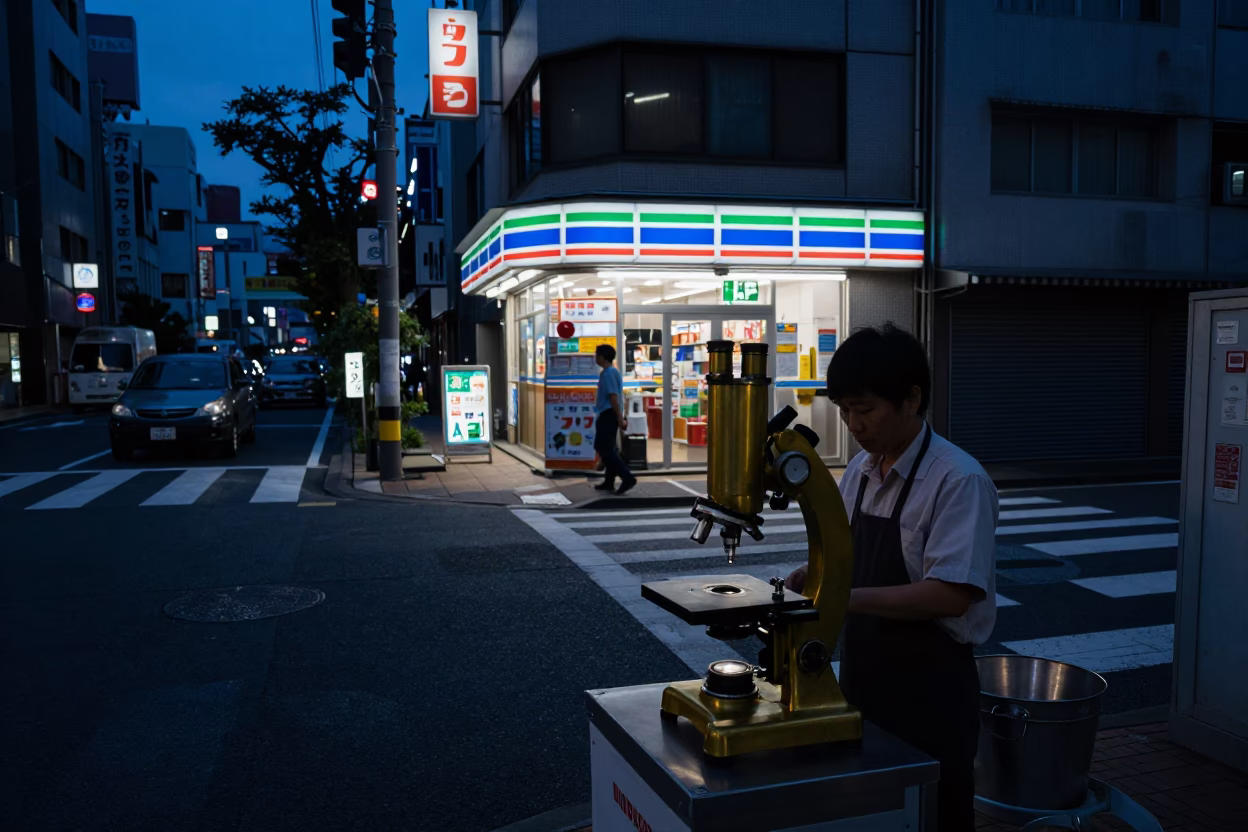 Predawn Tokyo Street Scene with Vintage Brass Microscope and Metal Bucket in in Tokyo, Japan