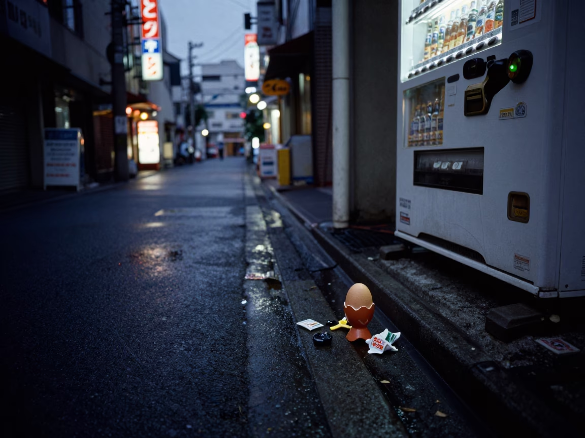Predawn Tokyo Street Scene with Vintage Egg Cup and Porcelain Bowl on Concrete Sidewalk in in Tokyo, Japan