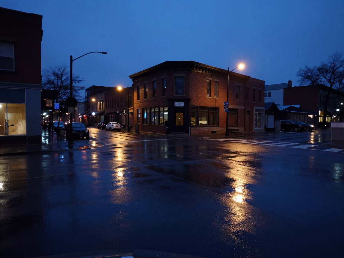 Predawn Toronto Street Corner with Wet Pavement Reflections and Urban Infrastructure in in Toronto, Ontario, Canada