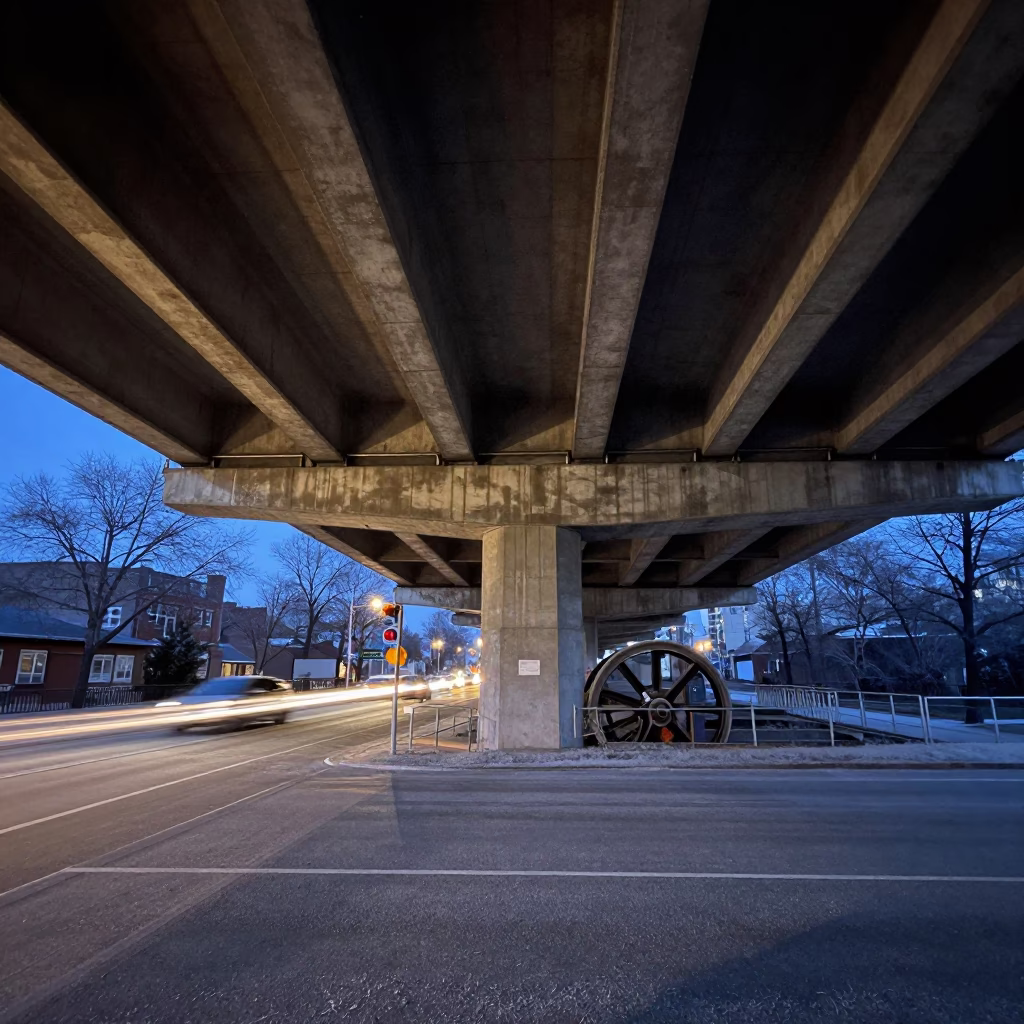 Predawn Toronto Street Scene Under Highway Overpass with Frost and Urban Decay in in Toronto, Ontario, Canada