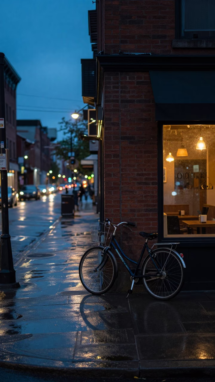 Predawn Toronto Street Scene With Bicycle Leaning Against Cafe Exterior In Dark in in Toronto, Ontario, Canada