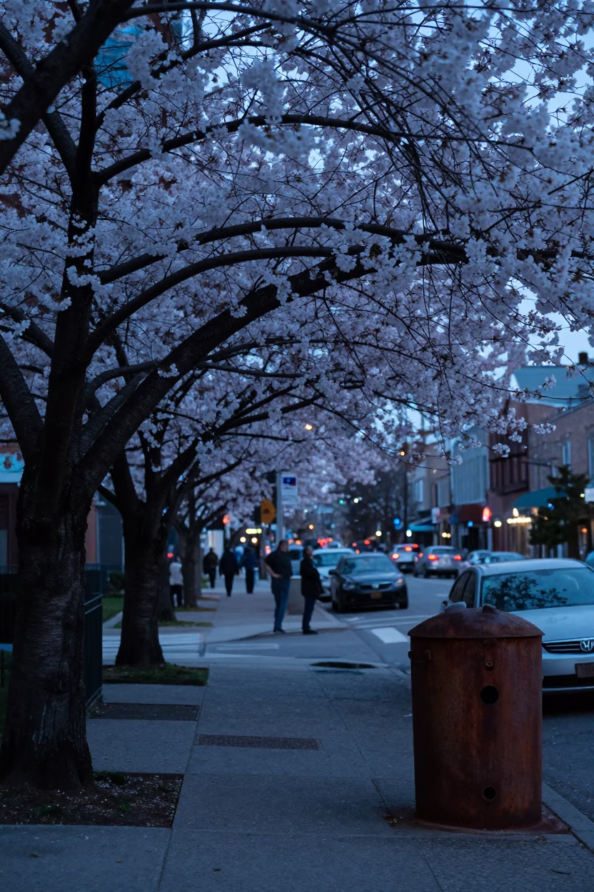 Predawn Toronto Street Scene with Cherry Blossoms and Rusty Doorframe in in Toronto, Ontario, Canada