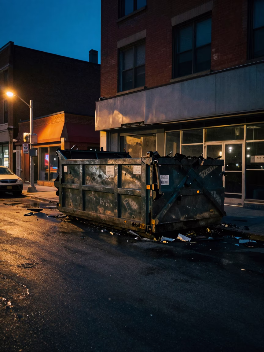 Predawn Toronto Street Scene with Demolition Dumpster and Gutted Storefront Facade in in Toronto, Ontario, Canada
