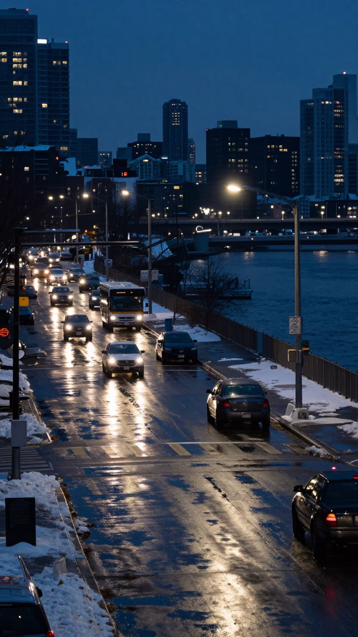 Predawn Toronto Street Scene with Snowmelt and Industrial Water Treatment Basin Reflections in in Toronto, Ontario, Canada