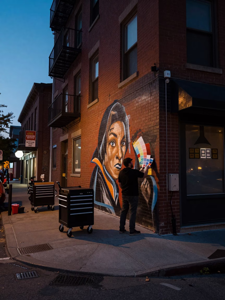 Predawn Toronto Street Scene with Tool Caddies and Muralist Swatches on Scaffold in in Toronto, Ontario, Canada
