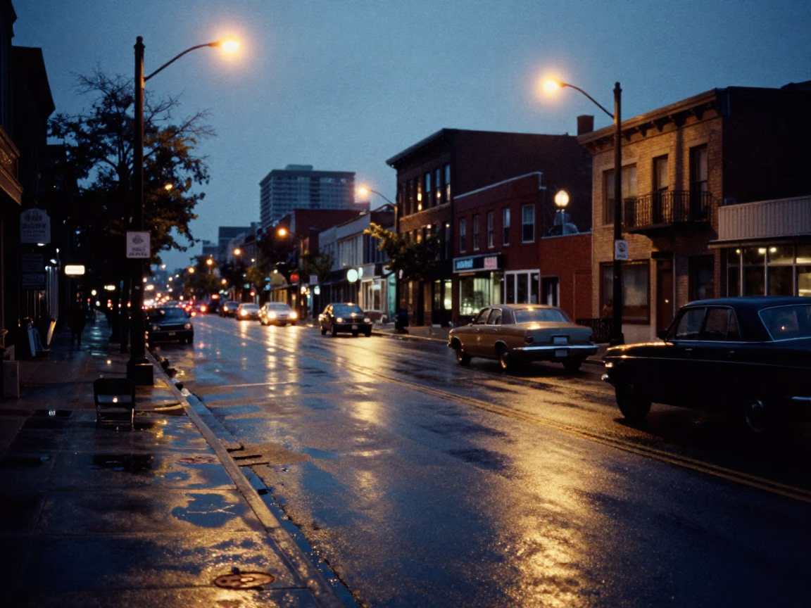 Predawn Toronto Street Scene with Vintage Cars and City Lights in in Toronto, Ontario, Canada