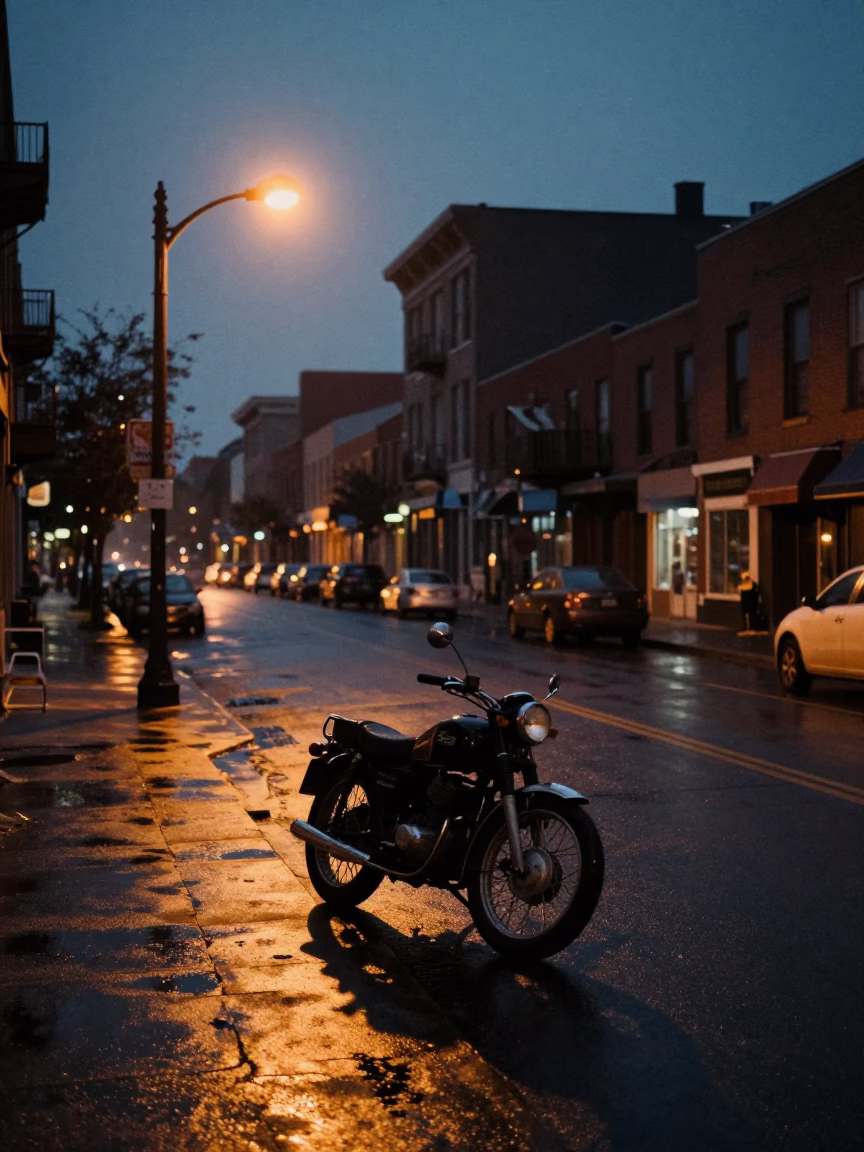 Predawn Toronto Street Scene with Vintage Motorcycle and Urban Architecture in in Toronto, Ontario, Canada