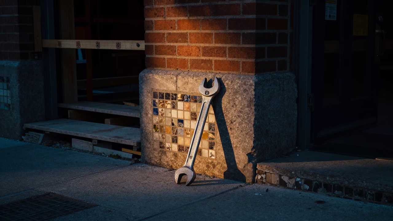Predawn Toronto Street Scene with Wrench and Mosaic Tile Fragments in in Toronto, Ontario, Canada