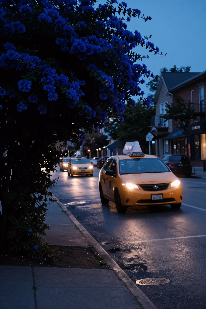 Predawn Toronto Street Scene with Yellow Taxi and Plumbago Hedge in Ontario Canada in in Toronto, Ontario, Canada