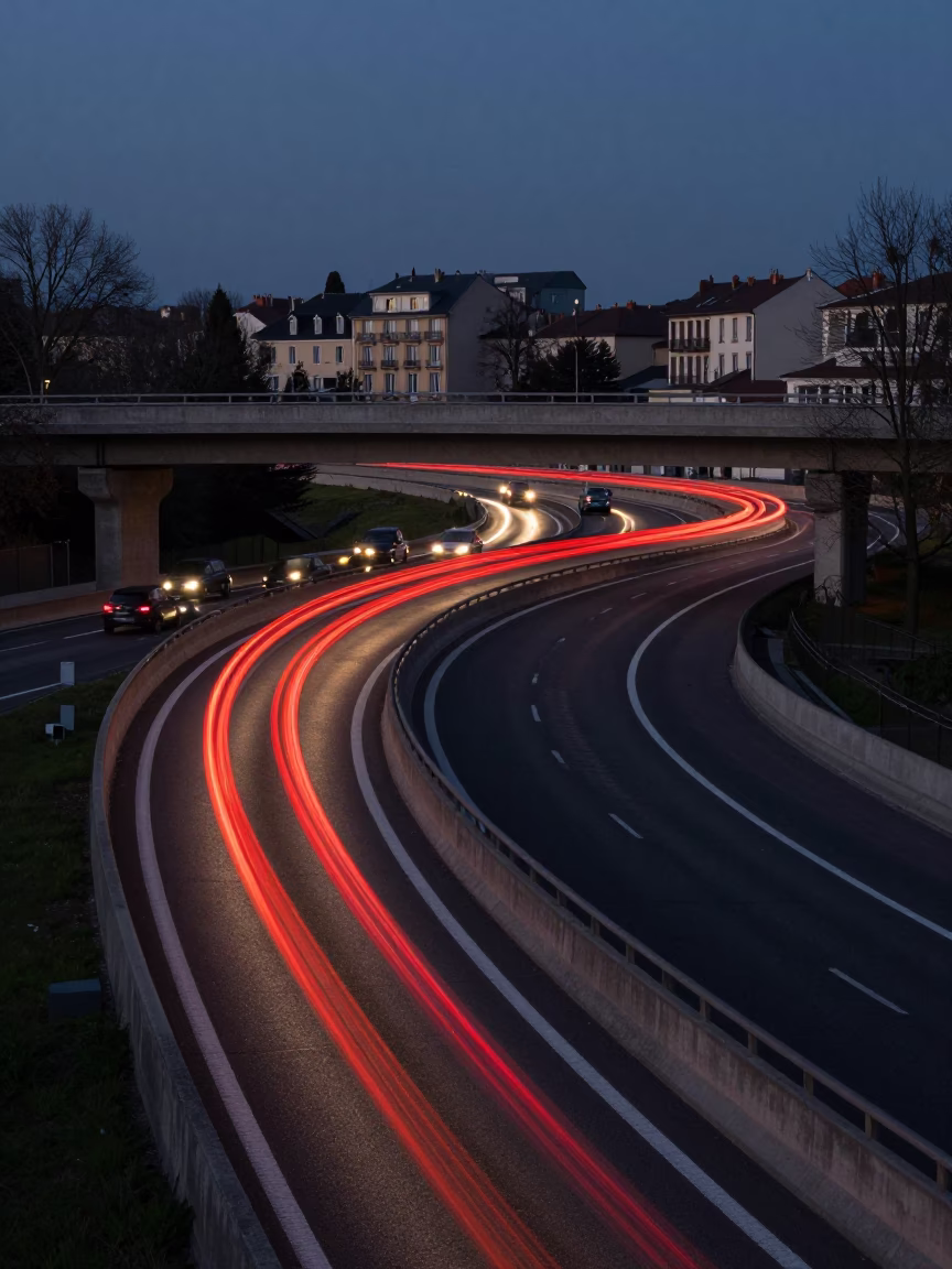 Predawn Traffic Streaks and Concrete Overpass in Nice France Early Morning Cityscape in in Nice, France