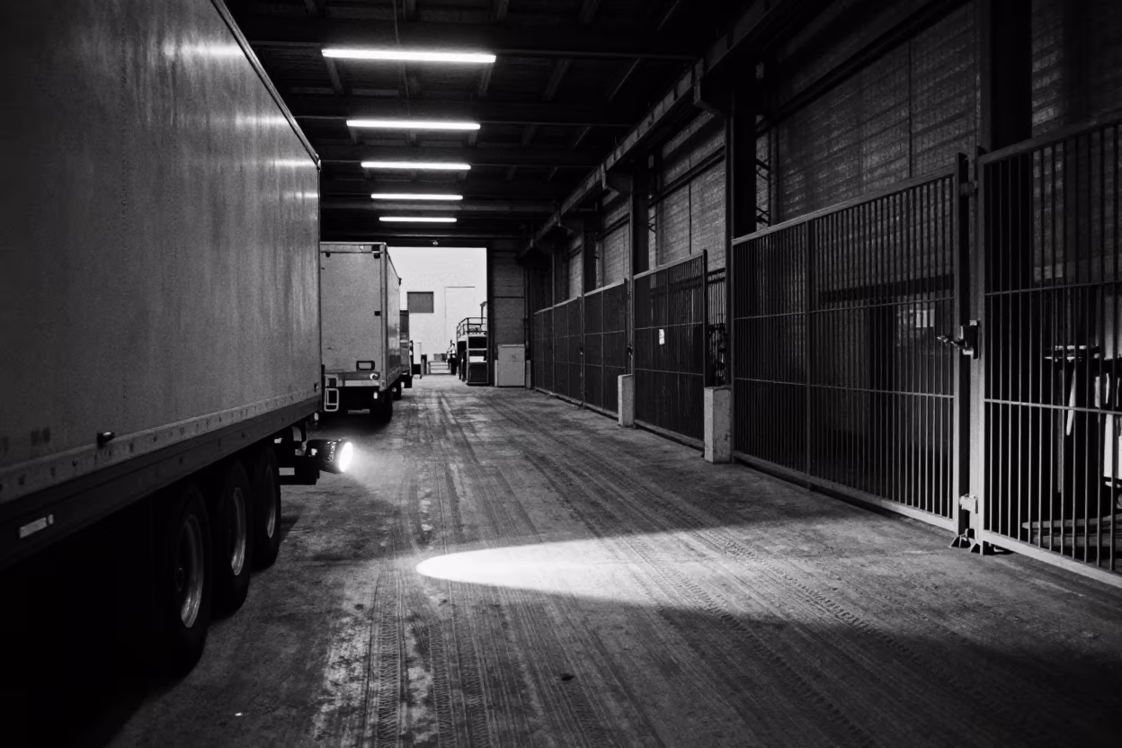 Predawn Trailer Dock Flashlight Station Lisbon Warehouse in inside a warehouse aisle near Lisbon