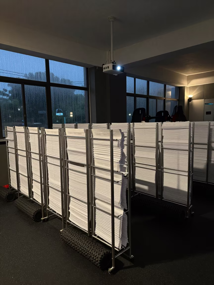 Predawn Trainer Cancellation Slip Rack in Changchun Lounge in inside a recovery lounge beside foam rollers near Changchun