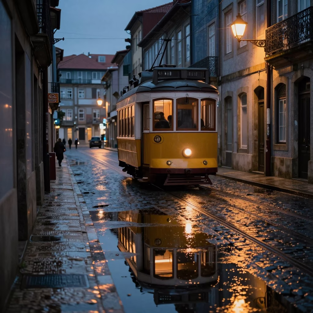Predawn Tram Reflection in Rain Puddles on Porto Cobblestone Streets in in Porto, Portugal