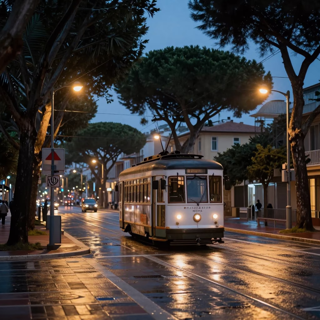 Predawn Tramcar on Tree-Lined Boulevard in Nice France Realistic Photograph in in Nice, France