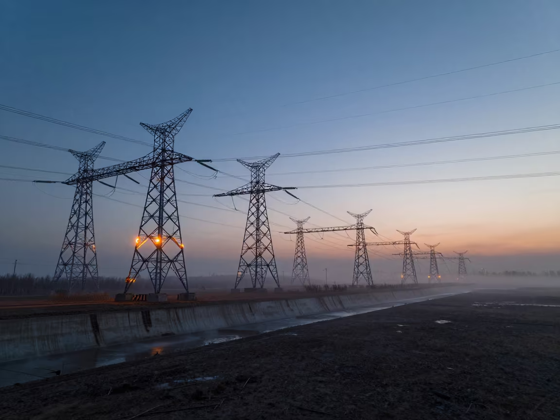 Predawn Transmission Towers Over Sierra Leone Steppe in beside a storm surge barrier in Sierra Leone