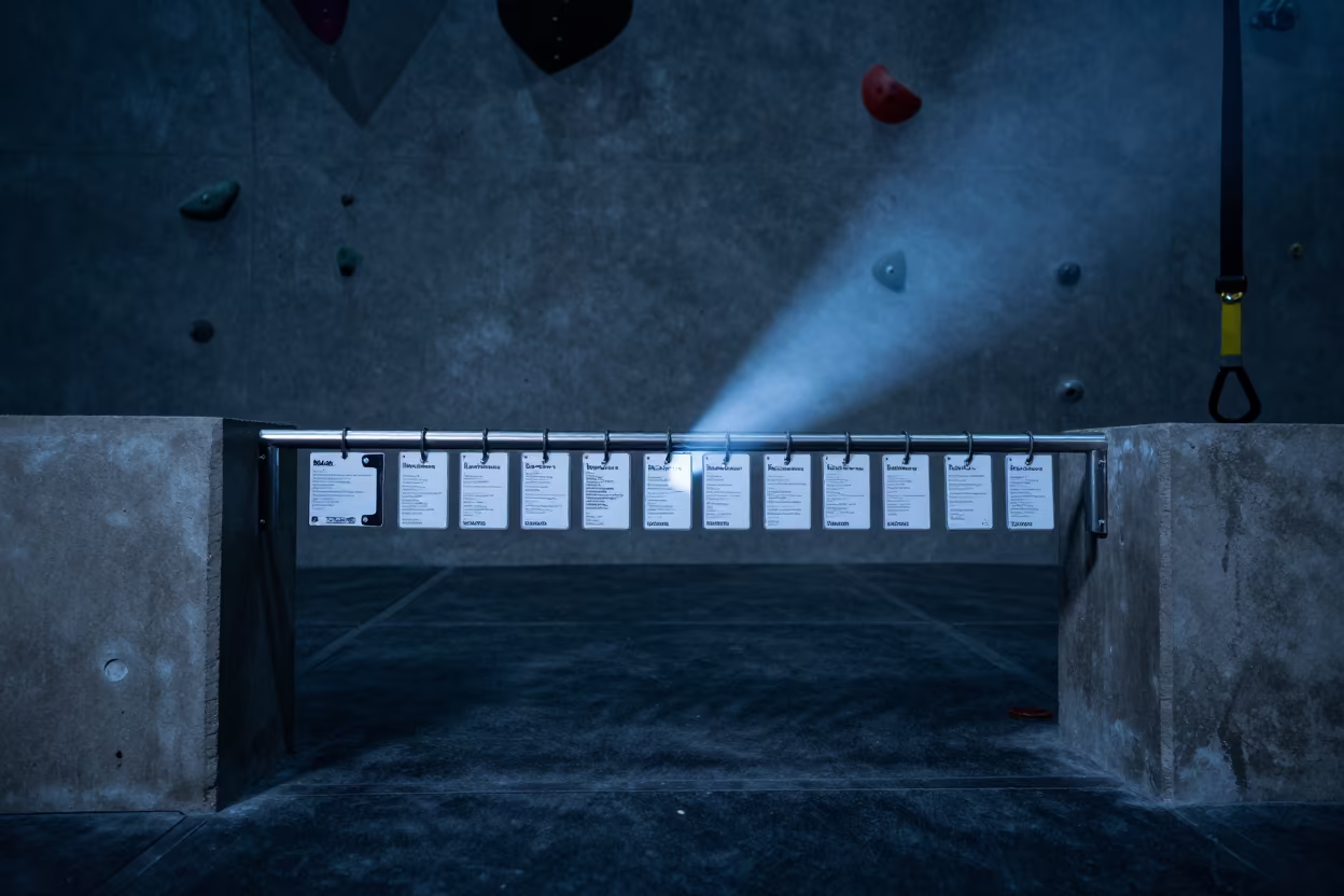 Predawn TRX Tag Rail in Cúcuta Climbing Gym in inside a climbing gym warmup zone in Cúcuta