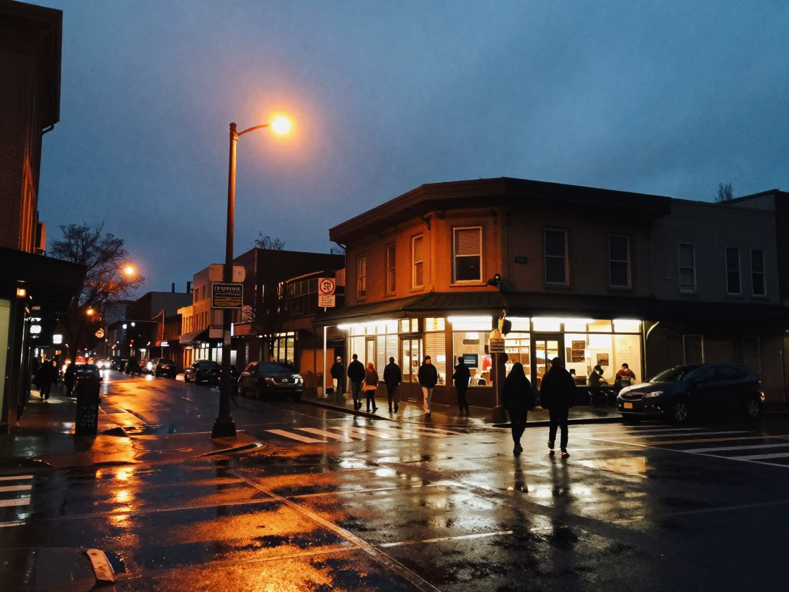 Predawn Urban Activity in Portland Oregon Coffee Shop and Street Scene in in Portland, Oregon, United States