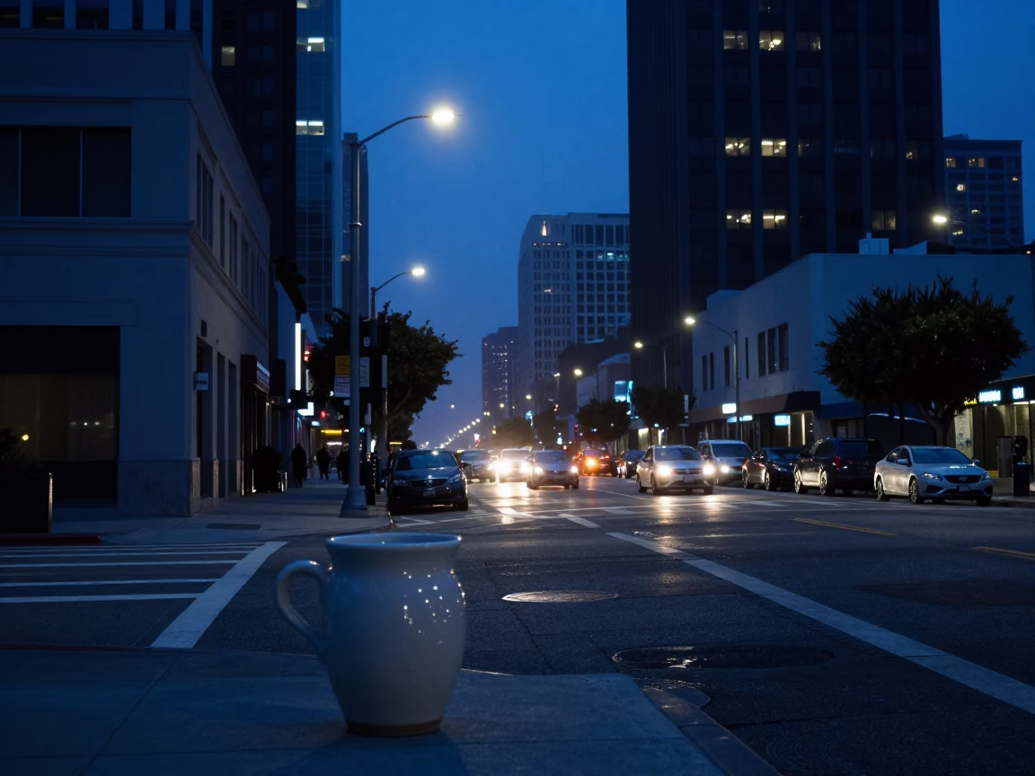 Predawn Urban Los Angeles Street Scene with Ceramic Cup and Flowering Plant in in Los Angeles, California, United States