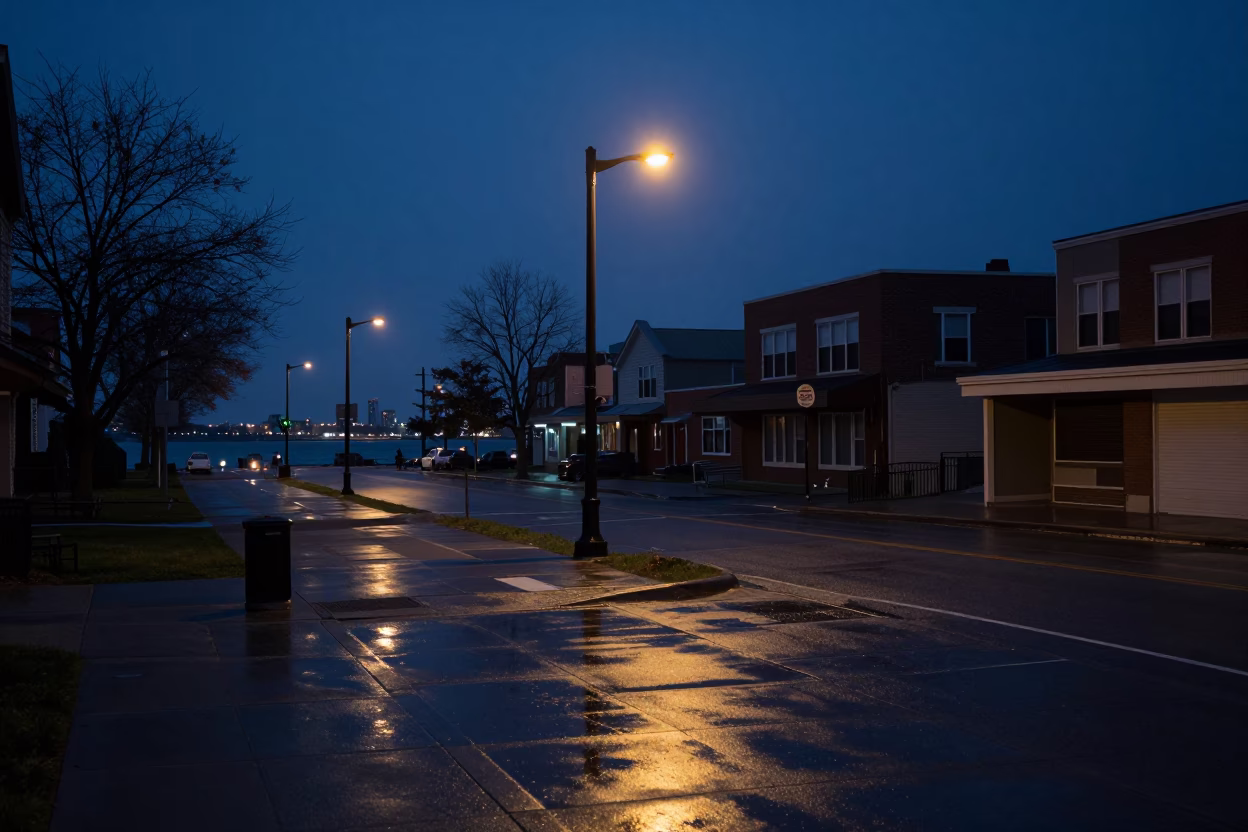 Predawn Urban Stillness in Toronto Ontario with Streetlights and Wet Pavement Reflections in in Toronto, Ontario, Canada