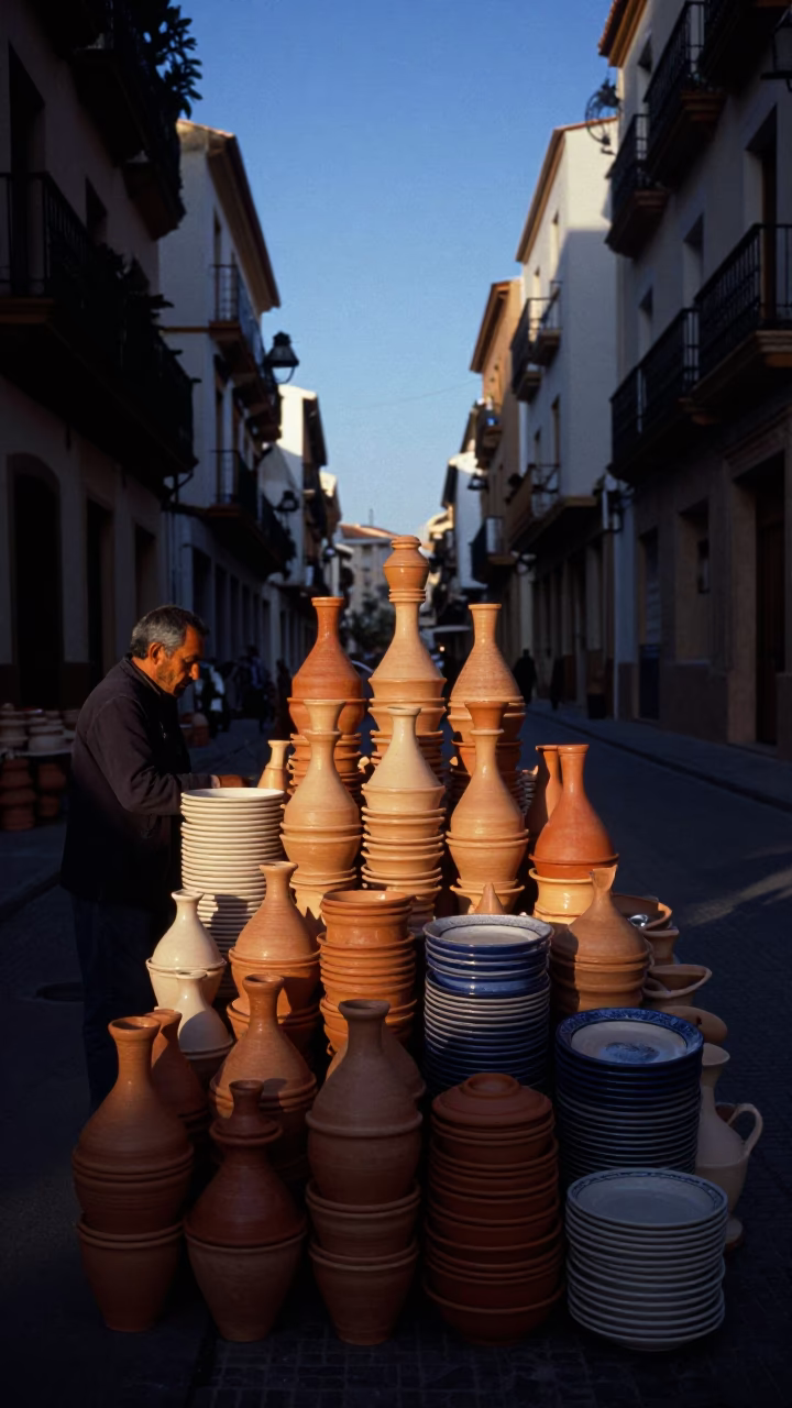 Predawn Valencia Spain Pottery Market Stacked Wares Early Morning Light in in Valencia, Spain