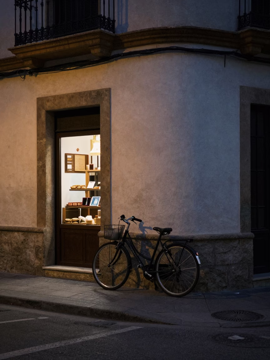 Predawn Valencia Spain Street Scene with Bicycle and Bakery at Dawn in in Valencia, Spain