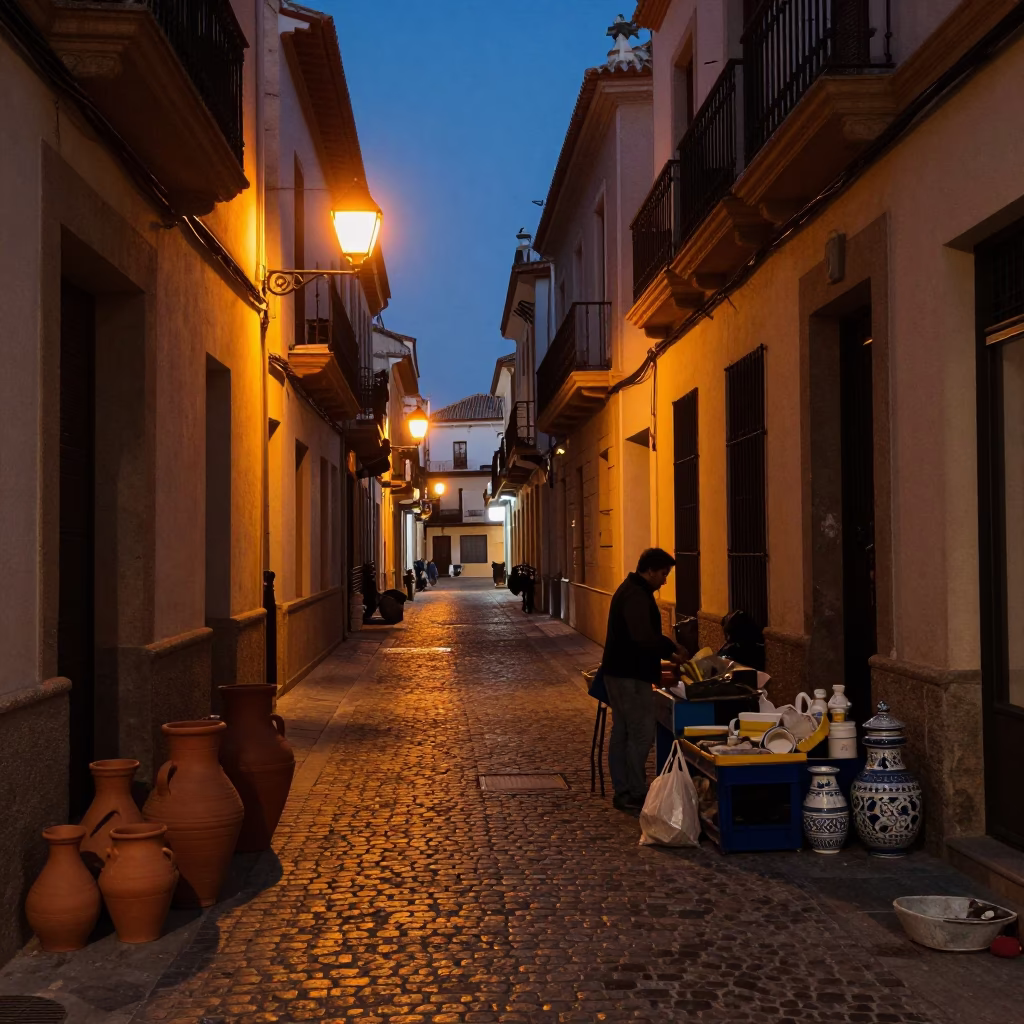 Predawn Valencia Spain Street Scene with Clay Pots and Ceramic Plate in in Valencia, Spain