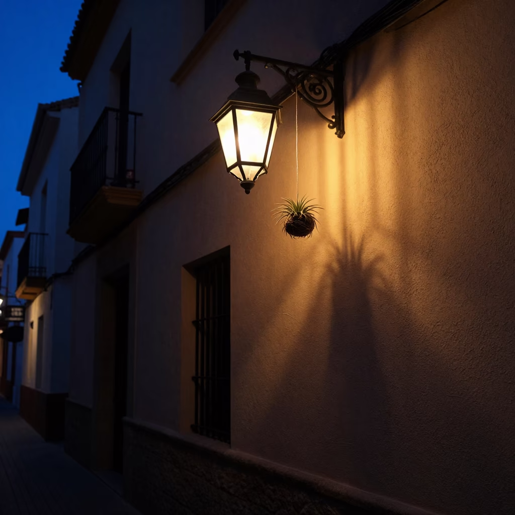 Predawn Valencia Spain street scene with hanging lantern and air plant in in Valencia, Spain