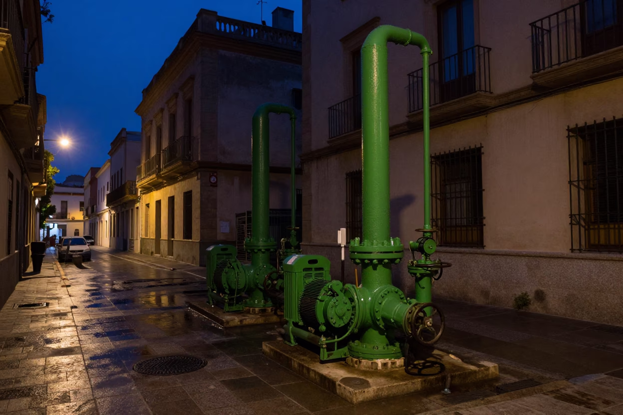 Predawn Valencia Spain Street Scene with Sewage Pumping Station Green Pumps and Door Handle in in Valencia, Spain