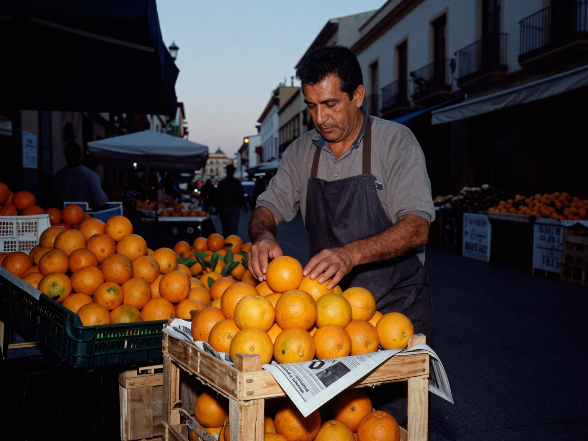 Predawn Valencia Street Market Vendor Arranging Fresh Oranges Under Dim Gaslight in in Valencia, Spain