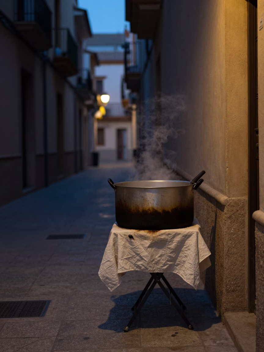 Predawn Valencia street scene with cooking pot and linen fringe details in in Valencia, Spain