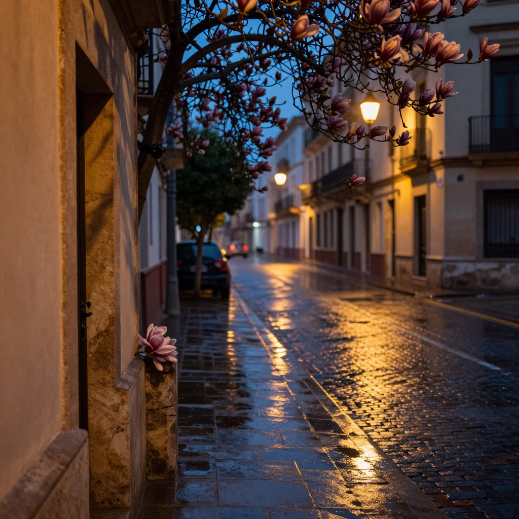 Predawn Valencia Street Scene with Magnolia Bloom and Rain-Slicked Cobblestones in in Valencia, Spain
