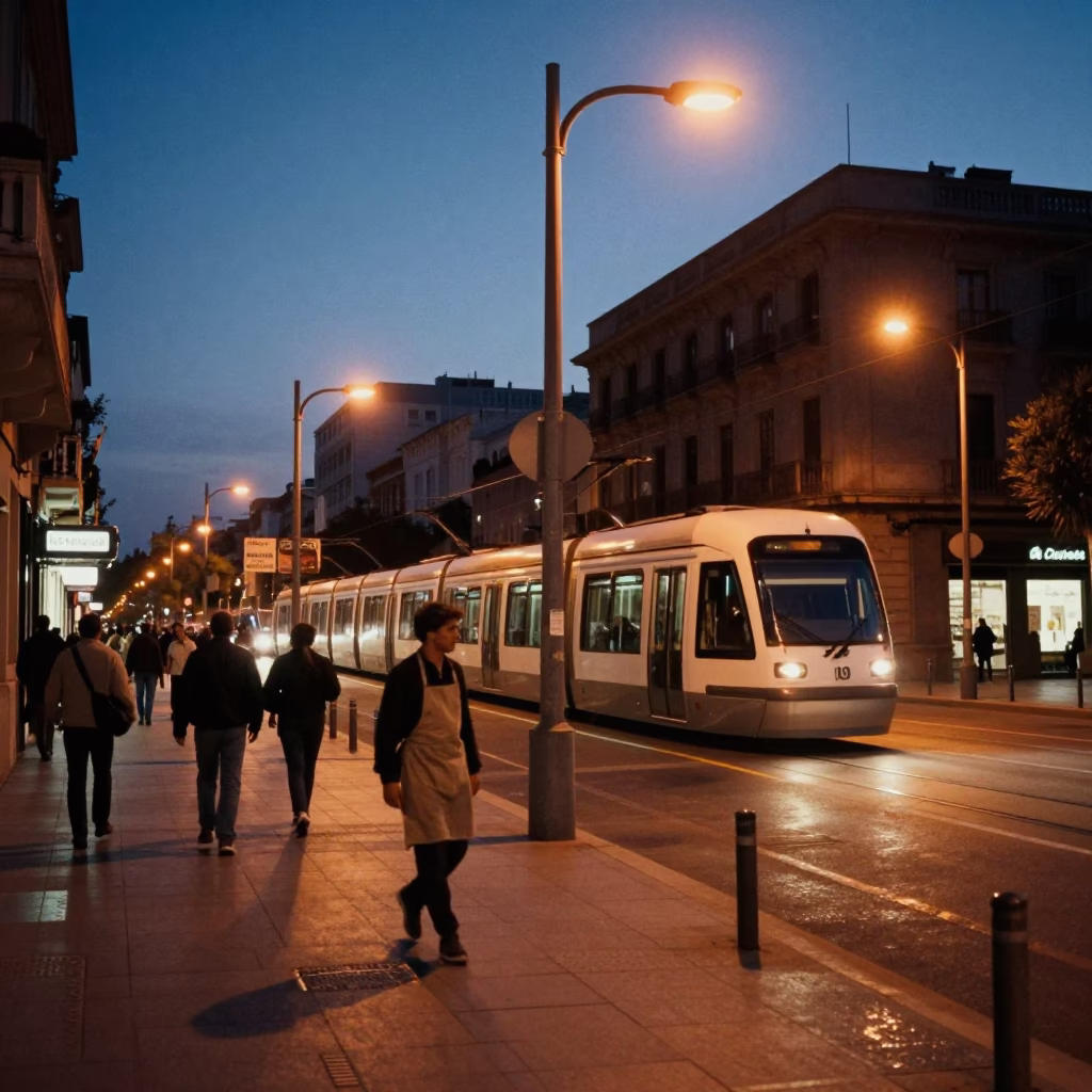 Predawn Valencia Street Scene with Monorail and Linen Apron in in Valencia, Spain