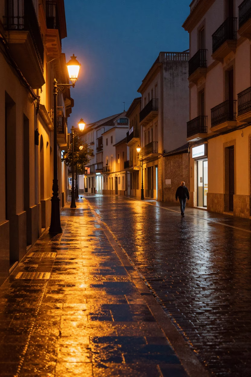 Predawn Valencia street scene with sodium lamps and wet cobblestones reflecting orange glow in in Valencia, Spain