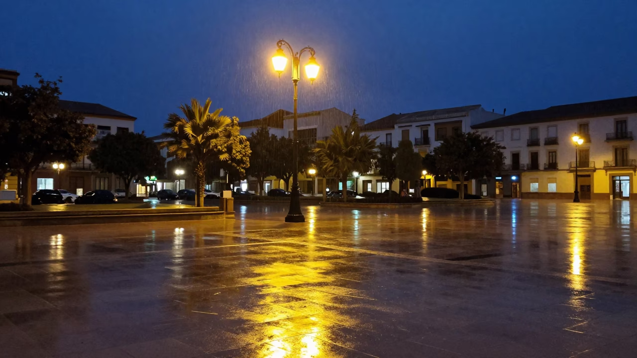 Predawn Valencia Street Scene with Streetlight and Empty Plaza in in Valencia, Spain