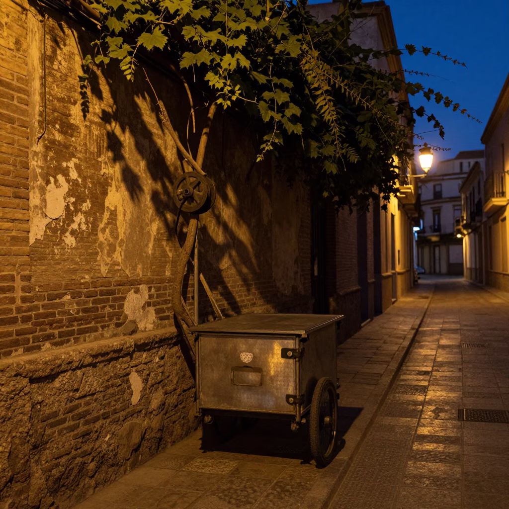 Predawn Valencia Street Scene with Vine and Pulley in Dark Spanish City in in Valencia, Spain