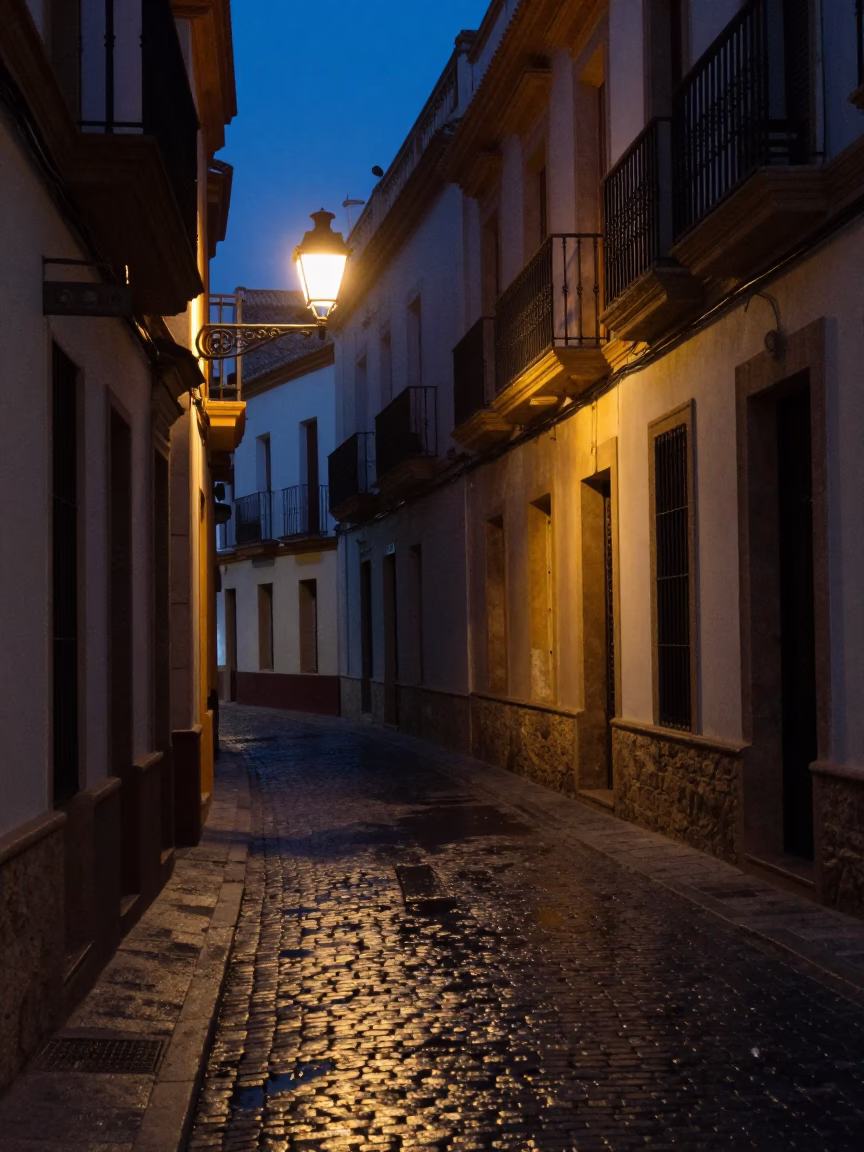 Predawn Valencia Street Scene with Vintage Book Light and Rain-Soaked Cobblestones in in Valencia, Spain